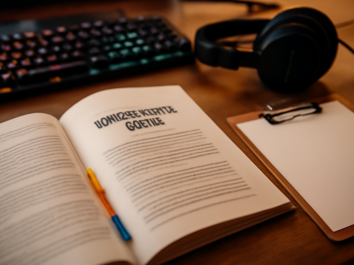 Buku aturan turnamen dan clipboard di meja dekat keyboard gaming