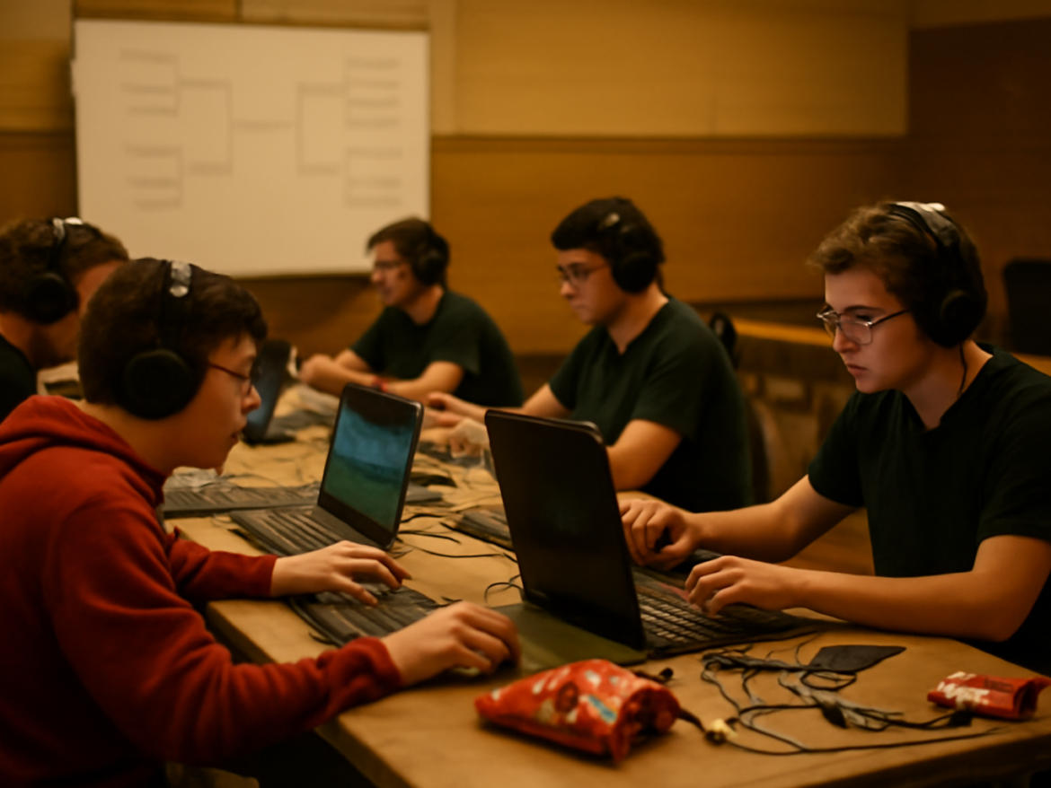 Panitia dan pemain komunitas game bersiap di meja pertandingan turnamen esports skala kecil