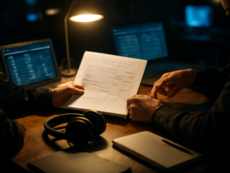 Meja operasional panitia turnamen esports online dengan bracket tercetak dan laptop berisi jadwal pertandingan
