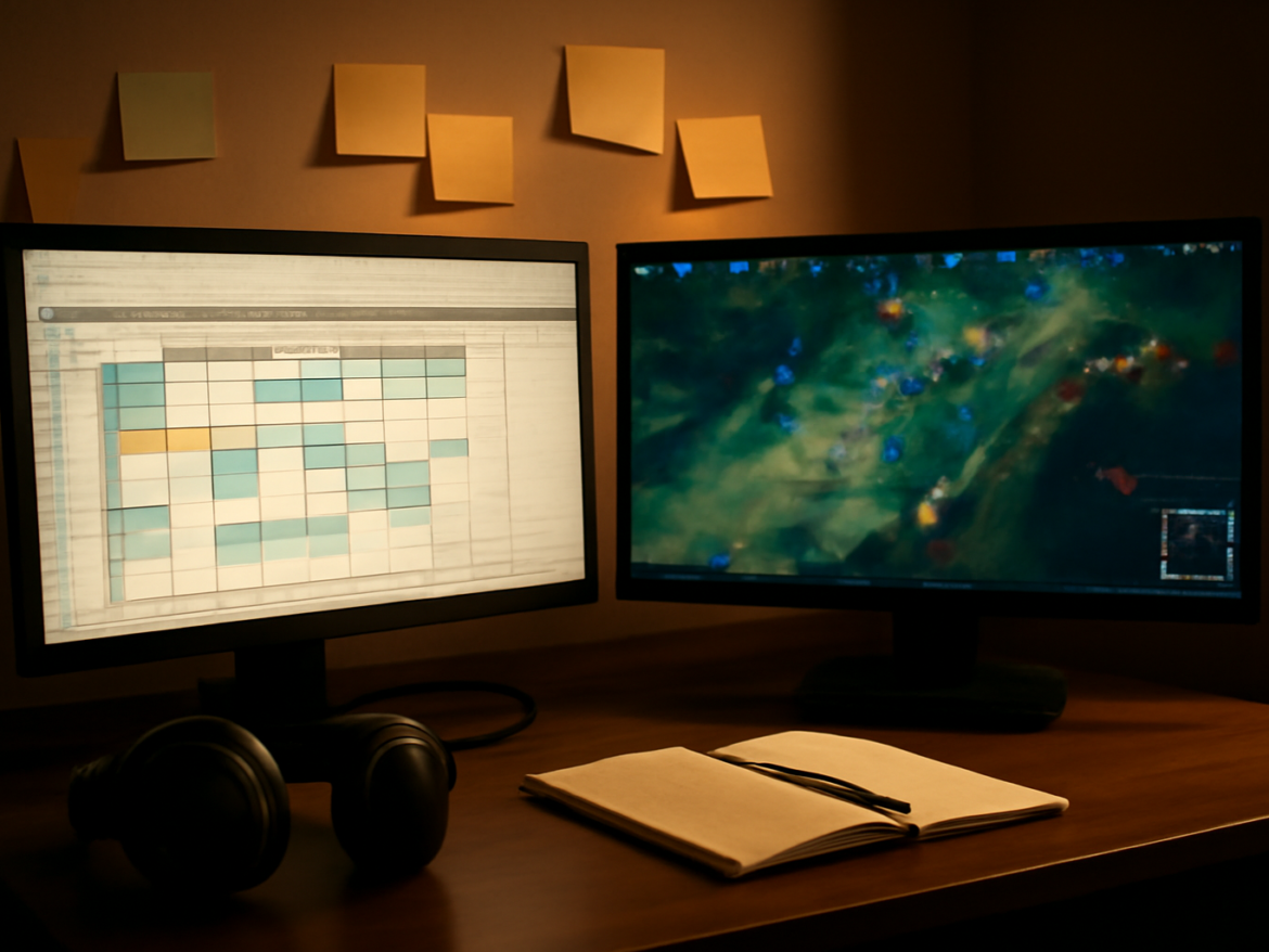 Meja admin turnamen esports dengan monitor menampilkan jadwal pertandingan