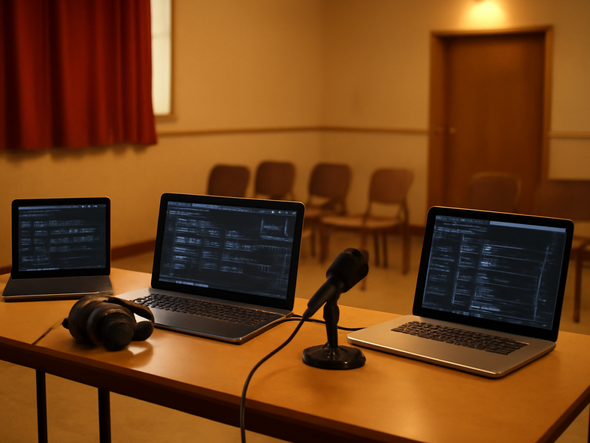 Meja kontrol panitia turnamen esports komunitas dengan laptop berisi bagan pertandingan