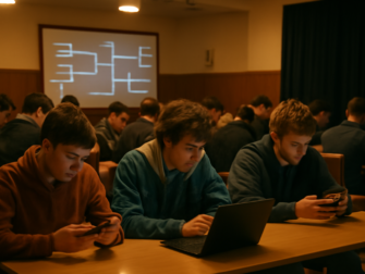Suasana turnamen game komunitas dengan peserta bermain di ponsel dan laptop