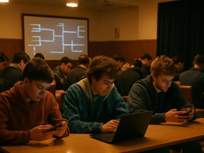 Suasana turnamen game komunitas dengan peserta bermain di ponsel dan laptop