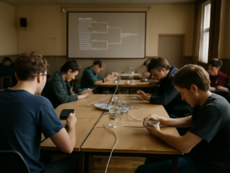 Pemain mengikuti turnamen esports mobile skala komunitas di aula sederhana
